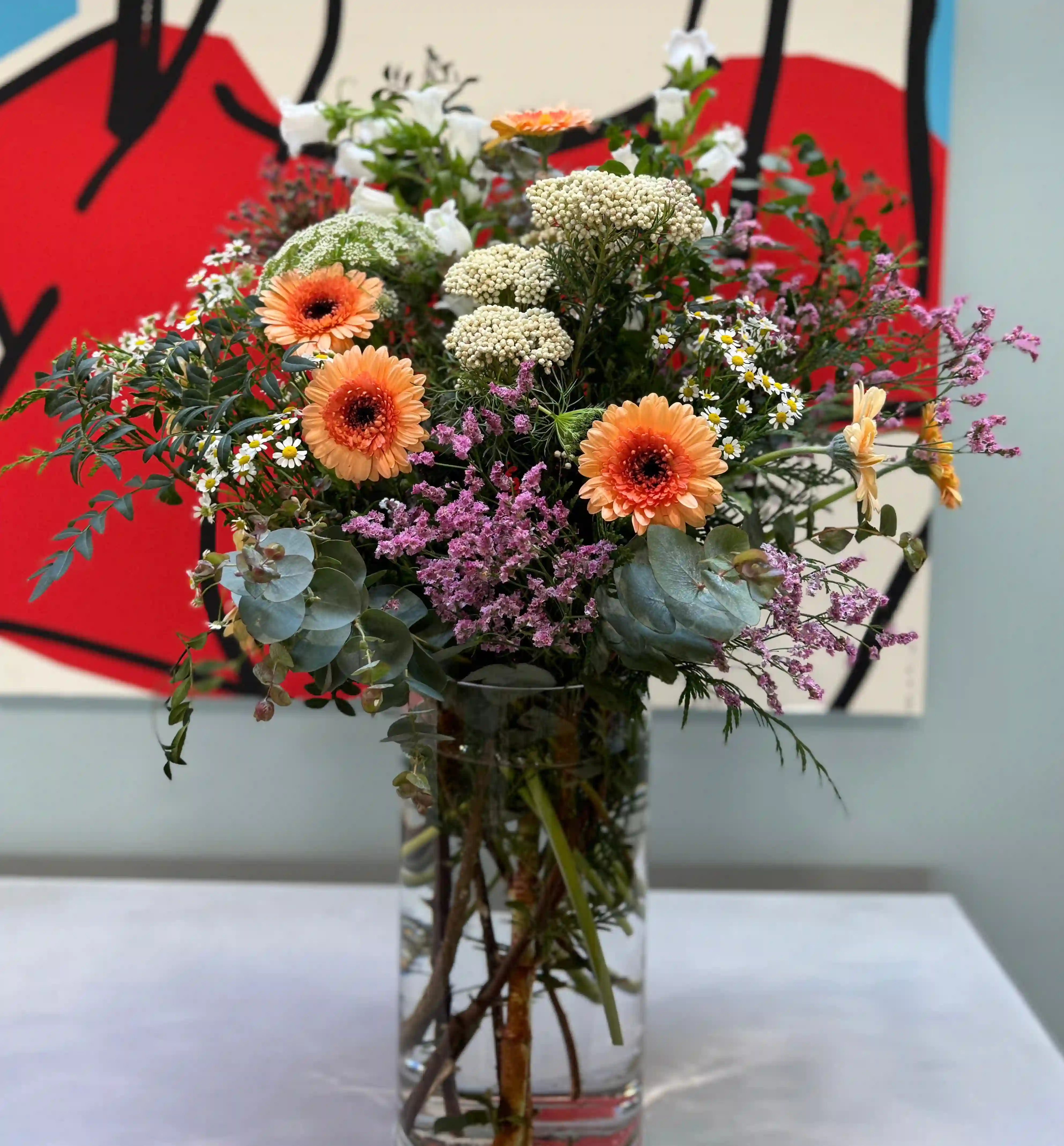 Cristal con Gerberas y Flor de Arroz
