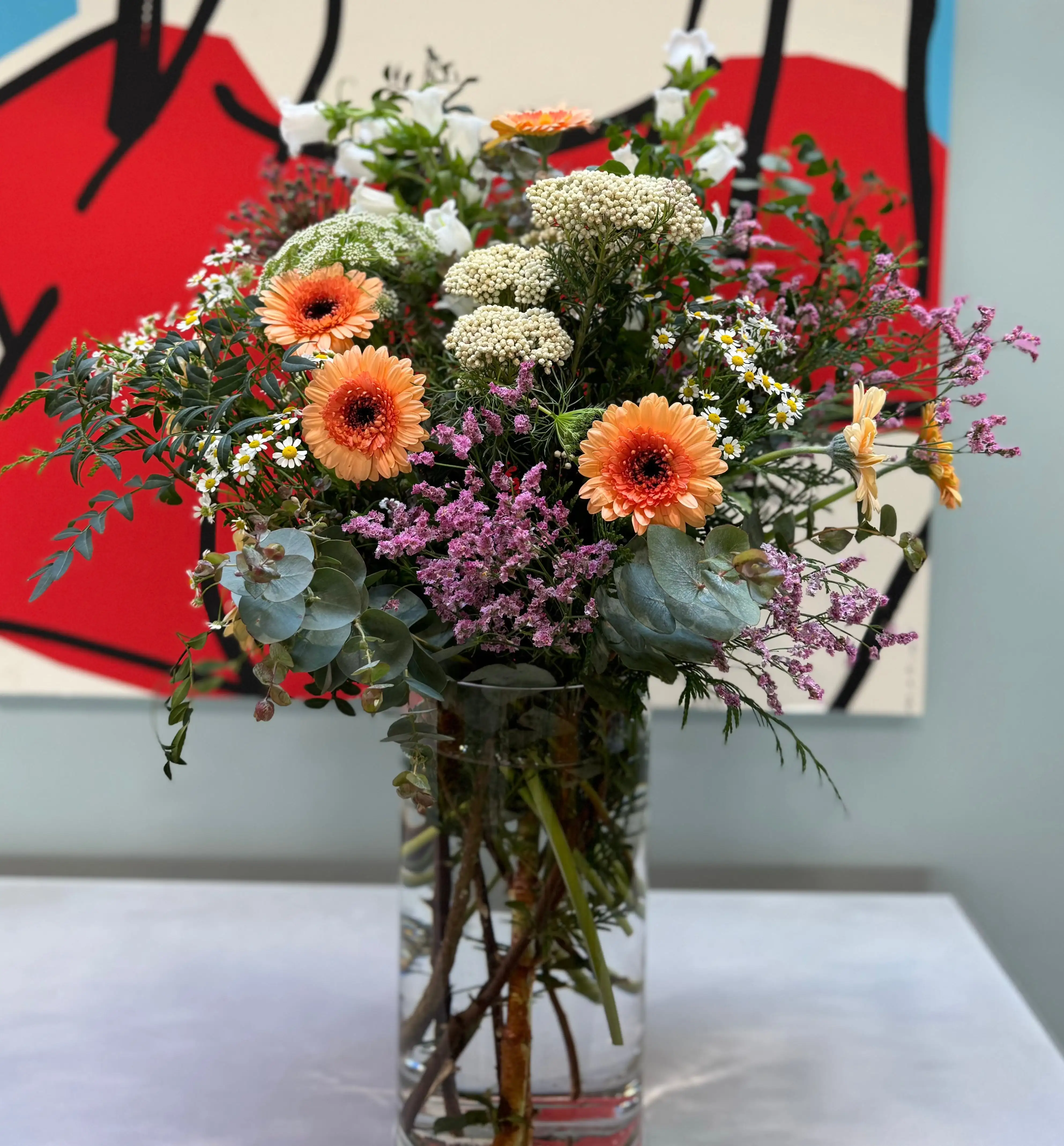 Cristal con Gerberas y Flor de Arroz