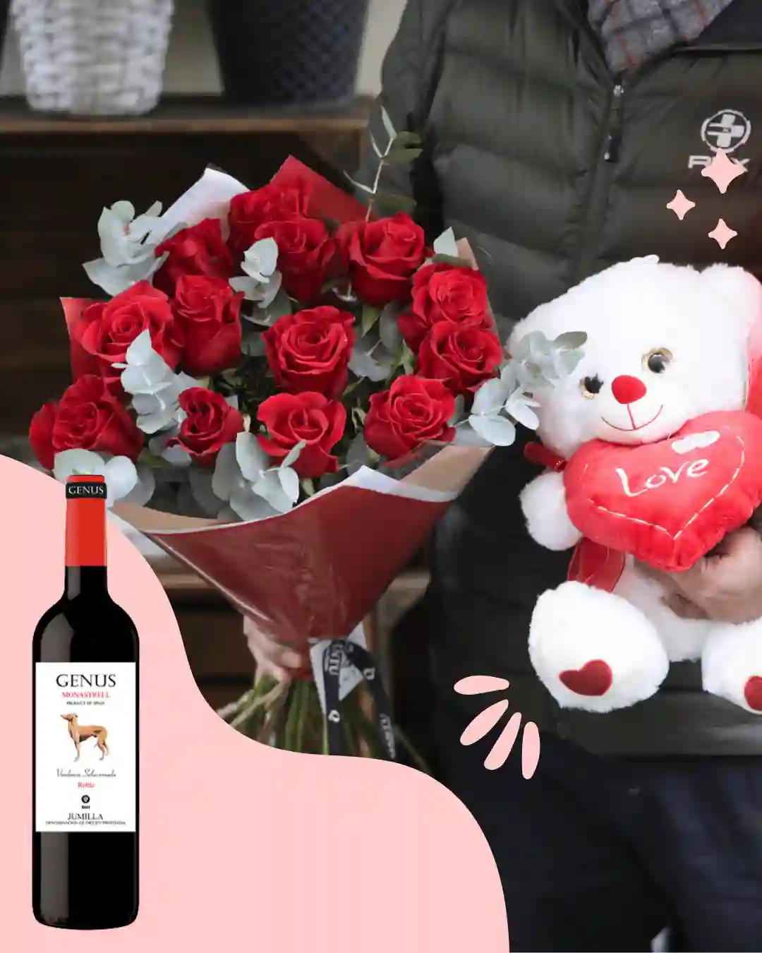 Bouquet de 12 Rosas Rojas Con Peluche y Dios