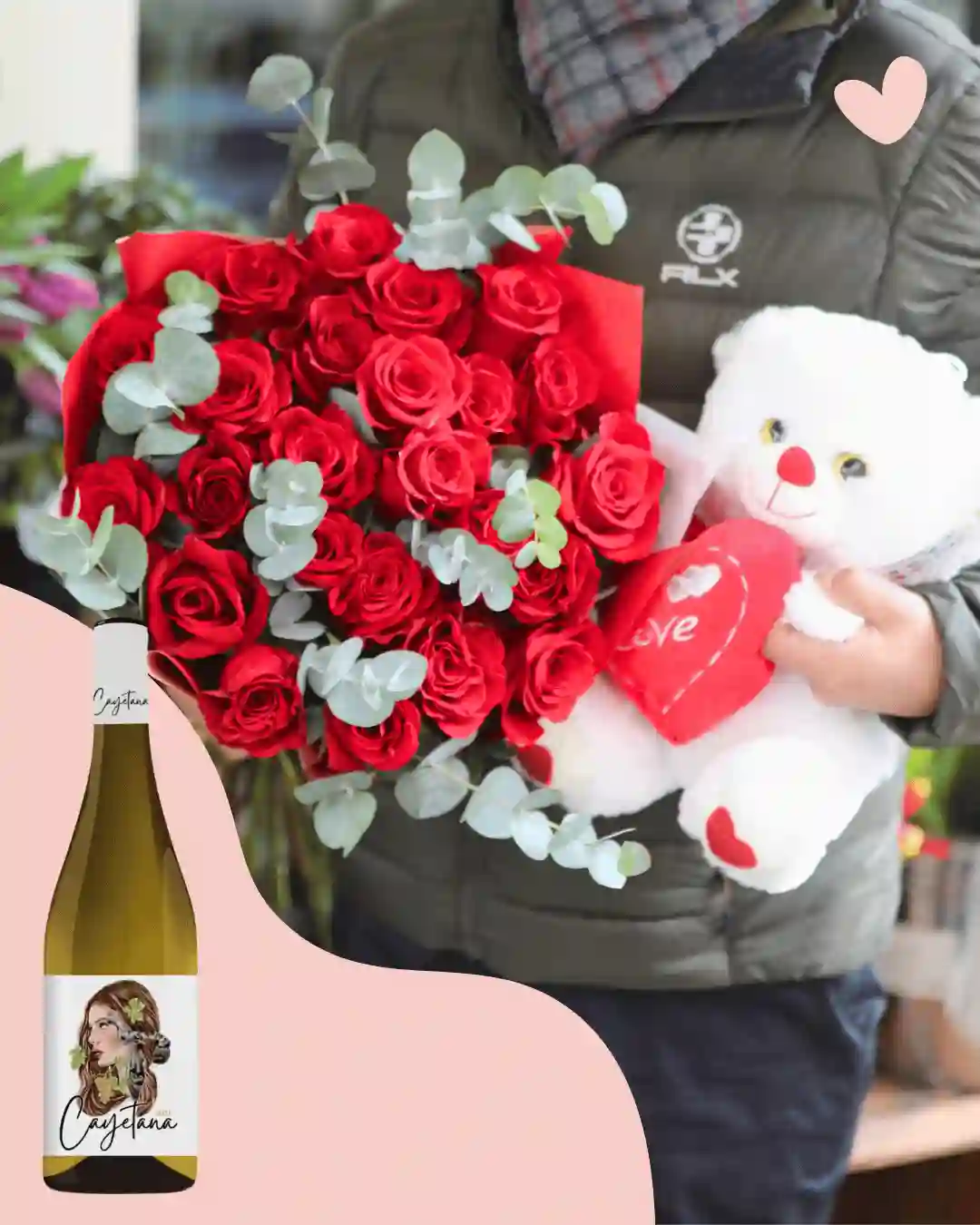 Bouquet de 24 Rosas Rojas Con Peluche y Dios
