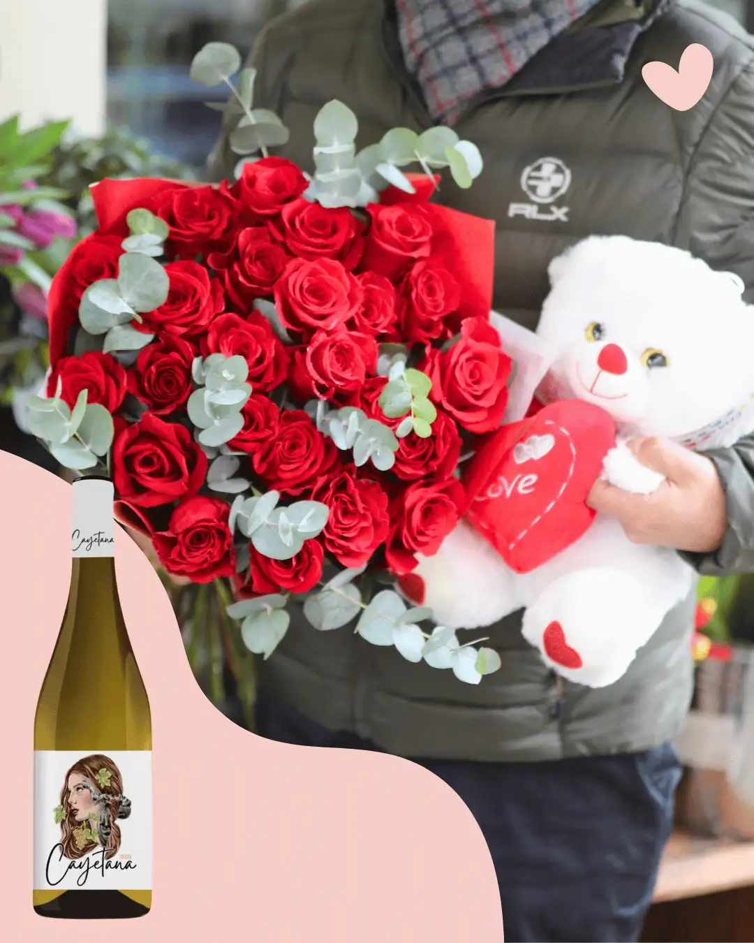 Bouquet de 24 Rosas Rojas Con Peluche y Dios