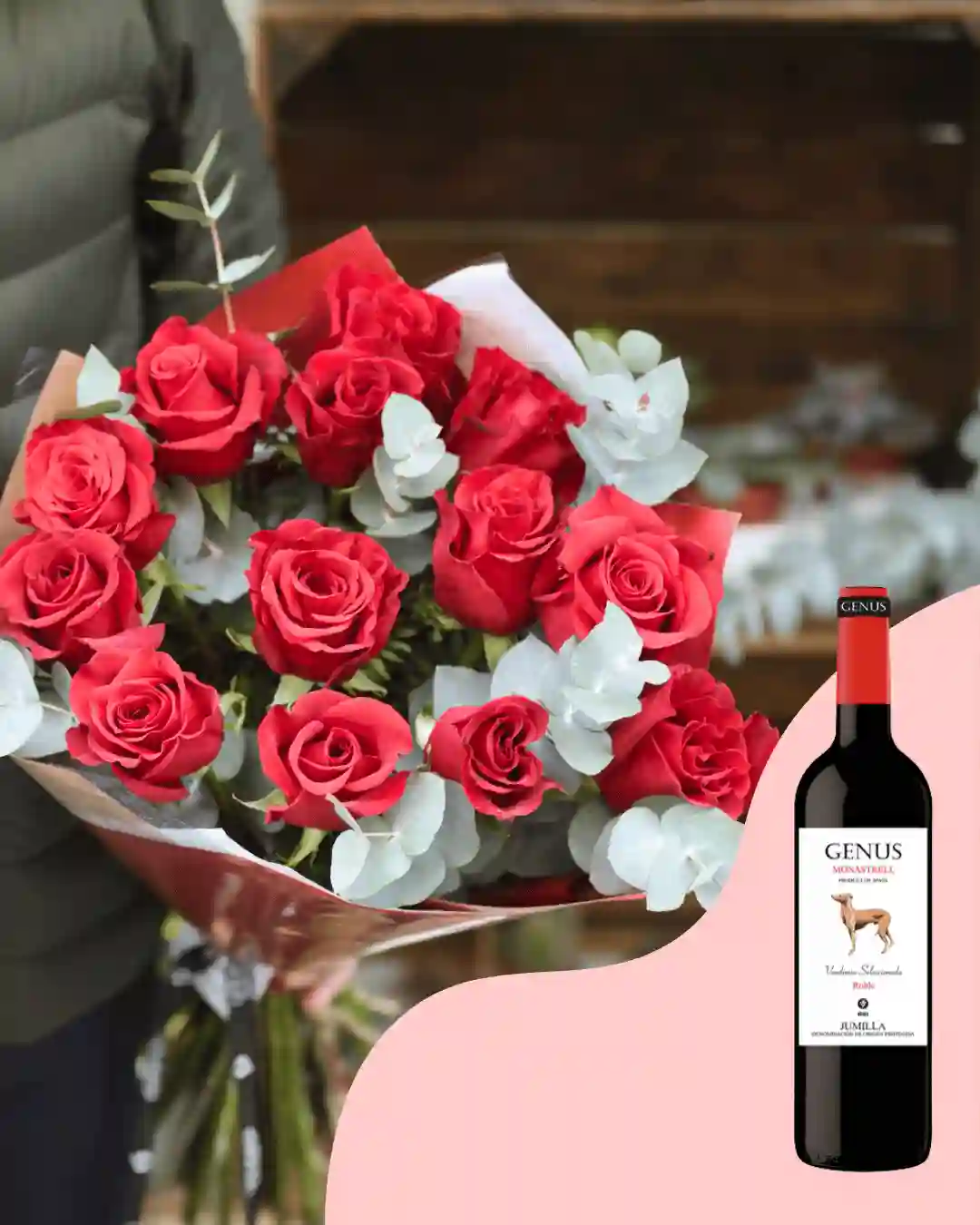 Bouquet de 12 Rosas Rojas Con vino