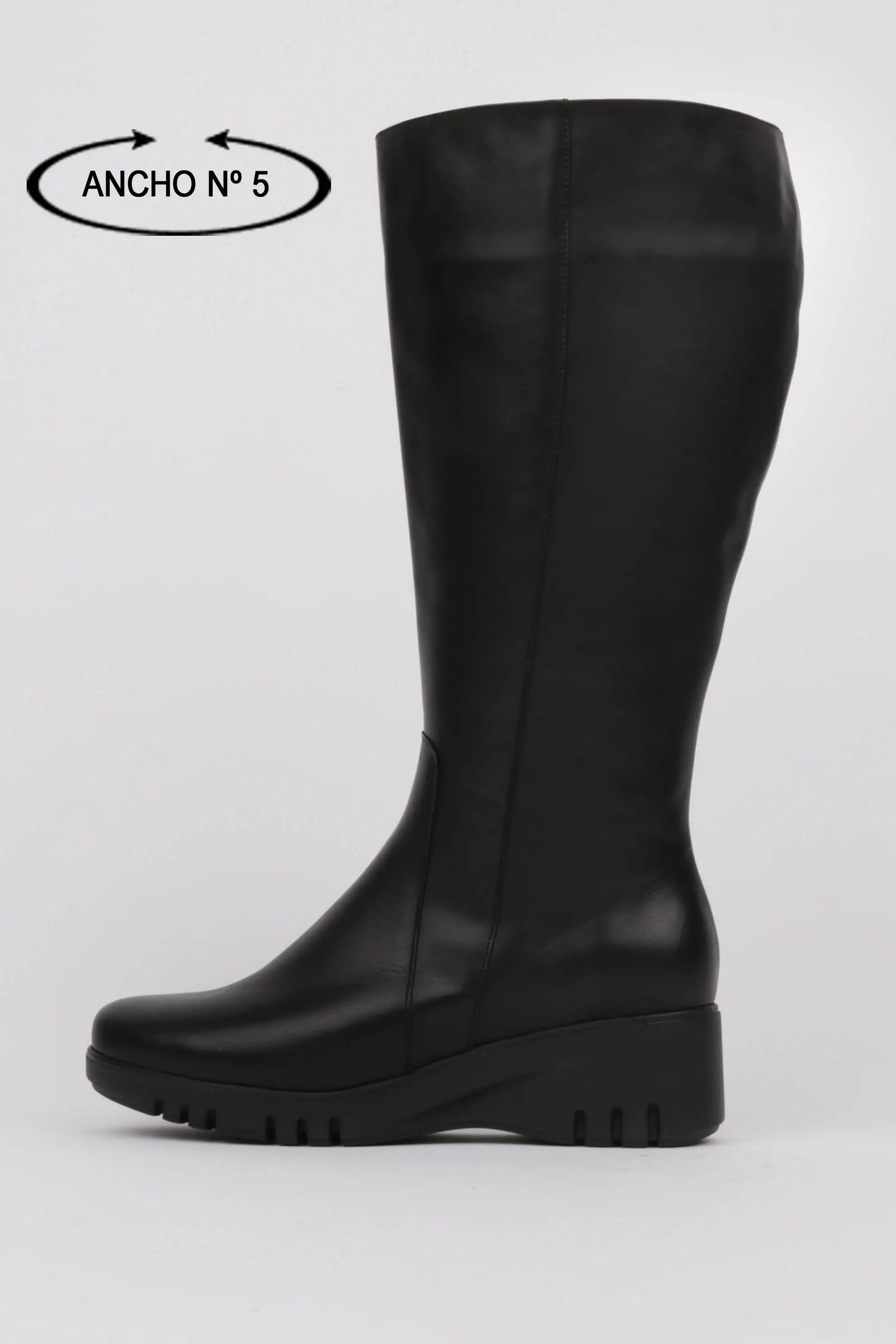 Botas Caña Ancha Piel Negra Cuña Ligera
