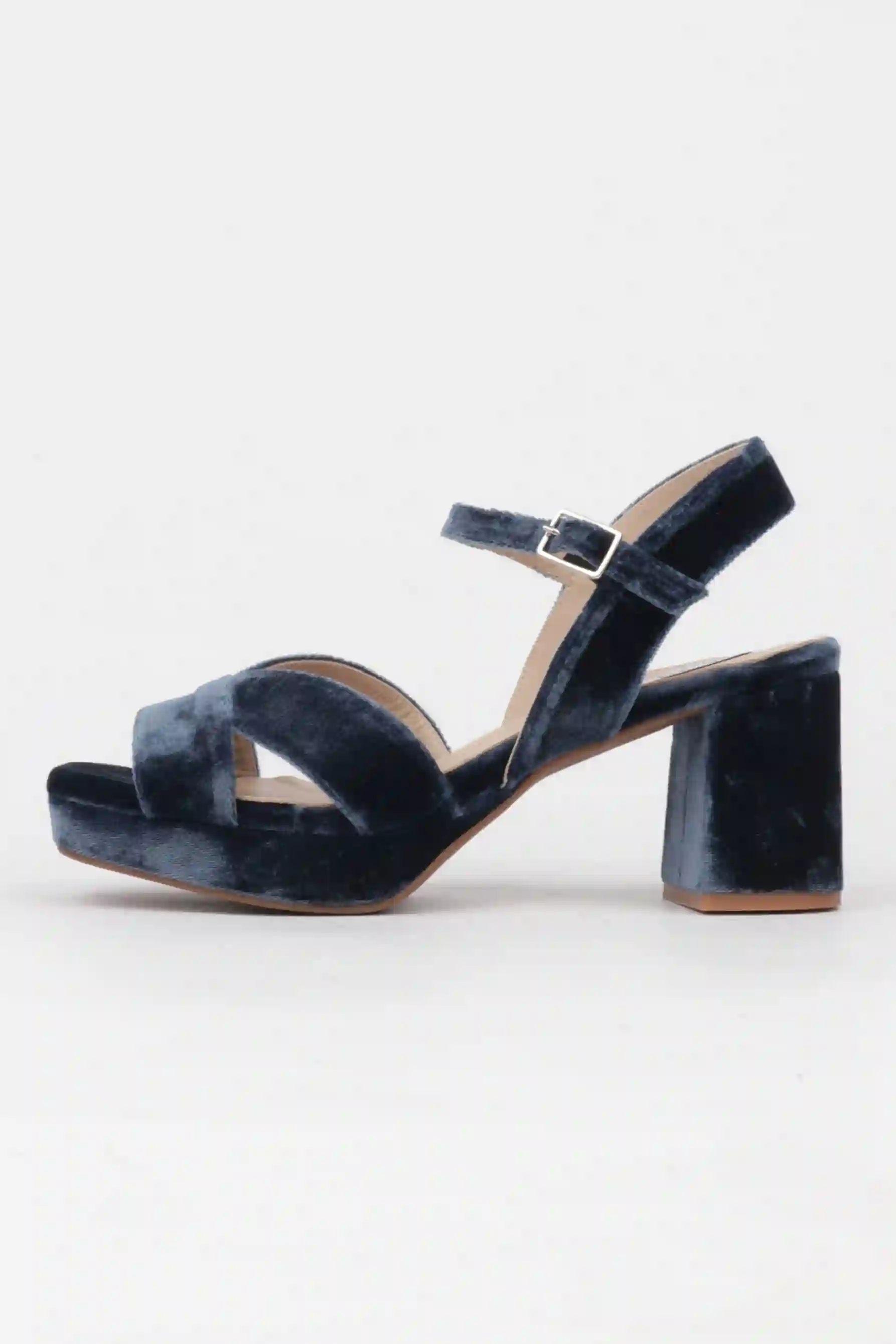 Sandalias Terciopelo Azul Tacón Midi y Plataforma