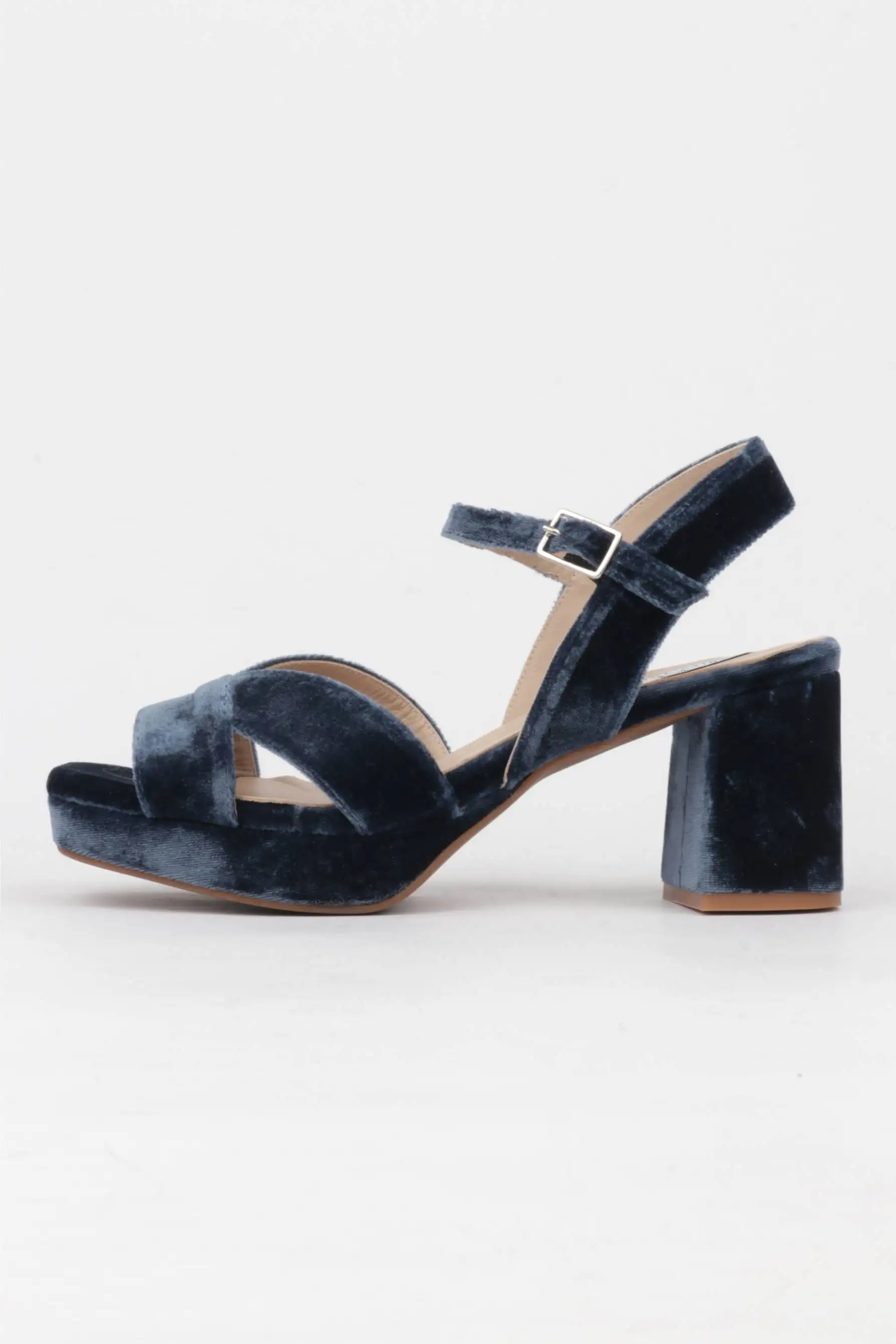 Sandalias Terciopelo Azul Tacón Midi y Plataforma