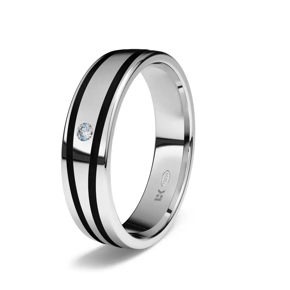 Alianza de Boda Oro Blanco Con Lineas Rodio Negro 5,00 mm de Ancho Interior Plano Con Diamante Talla Brillante 0,02 Ct. Disponible en 9 y 18 kts.