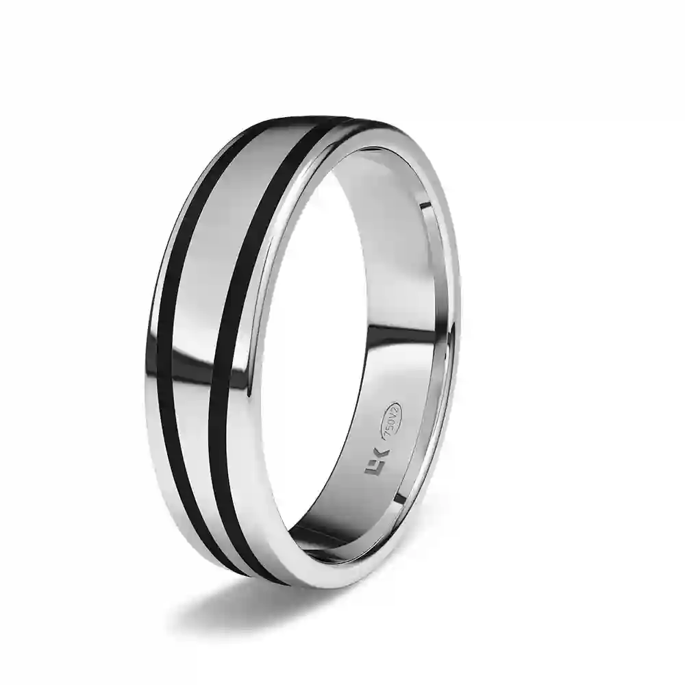 Alianza de Boda Oro Blanco Con Lineas Rodio Negro 5,00 mm de Ancho Interior Plano. Disponible en 9 y 18 kts.