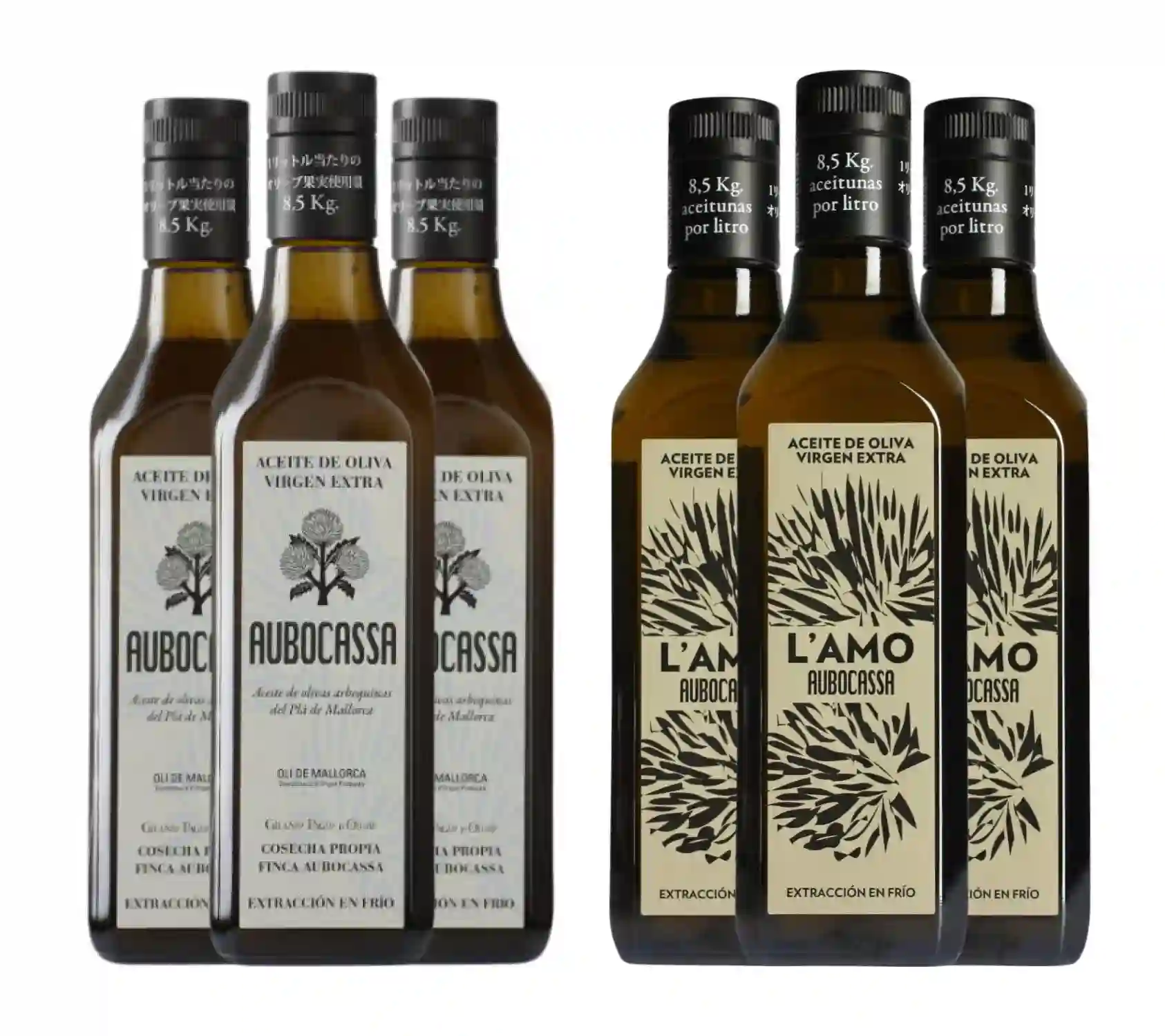 3x Aubocassa Arbequina + 3x Aubocassa L'Amo - Caja Con 6 Botellas de Vidrio de 500 ml.