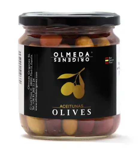 Olmeda Orígenes Mix Aceitunas Manzanilla, Arbequina y Cuquillo - Tarro 370 gr.