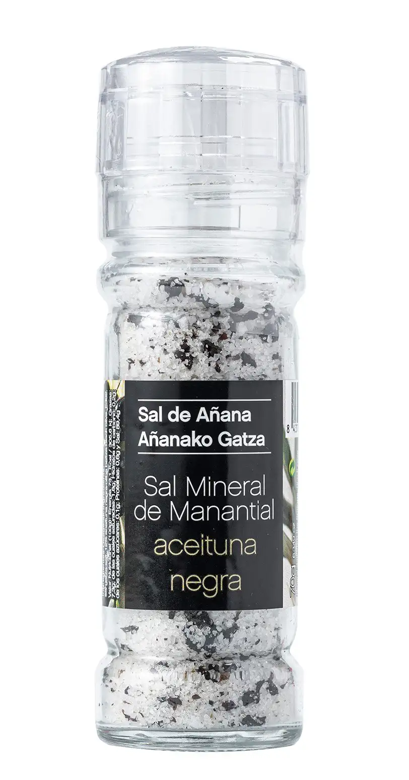 10x Sal de Añana Sal Mineral de Manantial Con Aceitunas Negras - Molinillo 75 GR