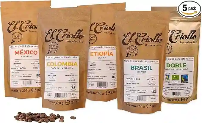 El Criollo degustacia de Café de Especialidad en Grano Etiopía, Colombia, México, Brasil y Doble Label - Pack 5x250 GR
