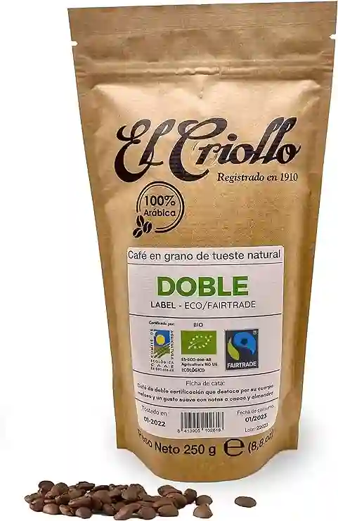 El Criollo Café Doble Label en Grano - Paquete 250 Gr.