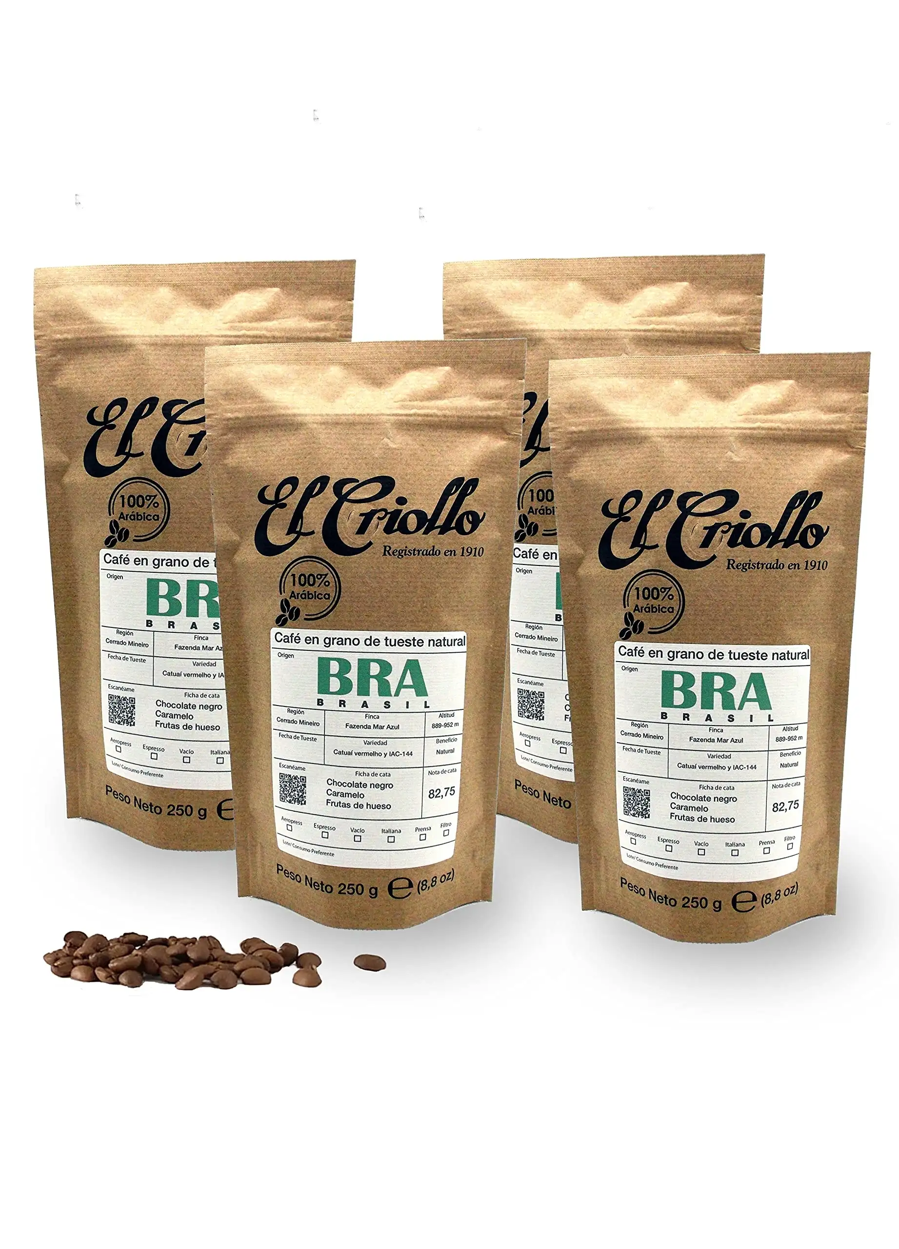 4x El Criollo Café de Brasil en Grano - Paquete 250 GR