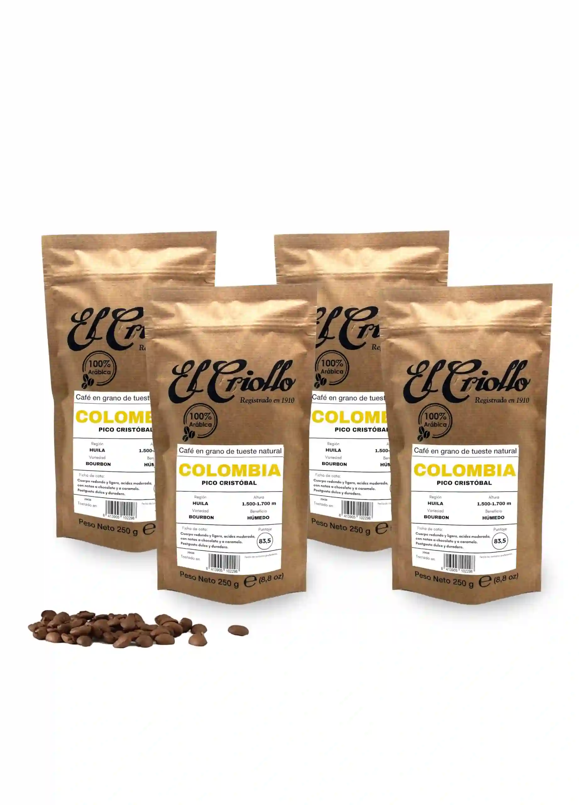 4x El Criollo Café de Colombia en Grano - Paquete 250 Gr.
