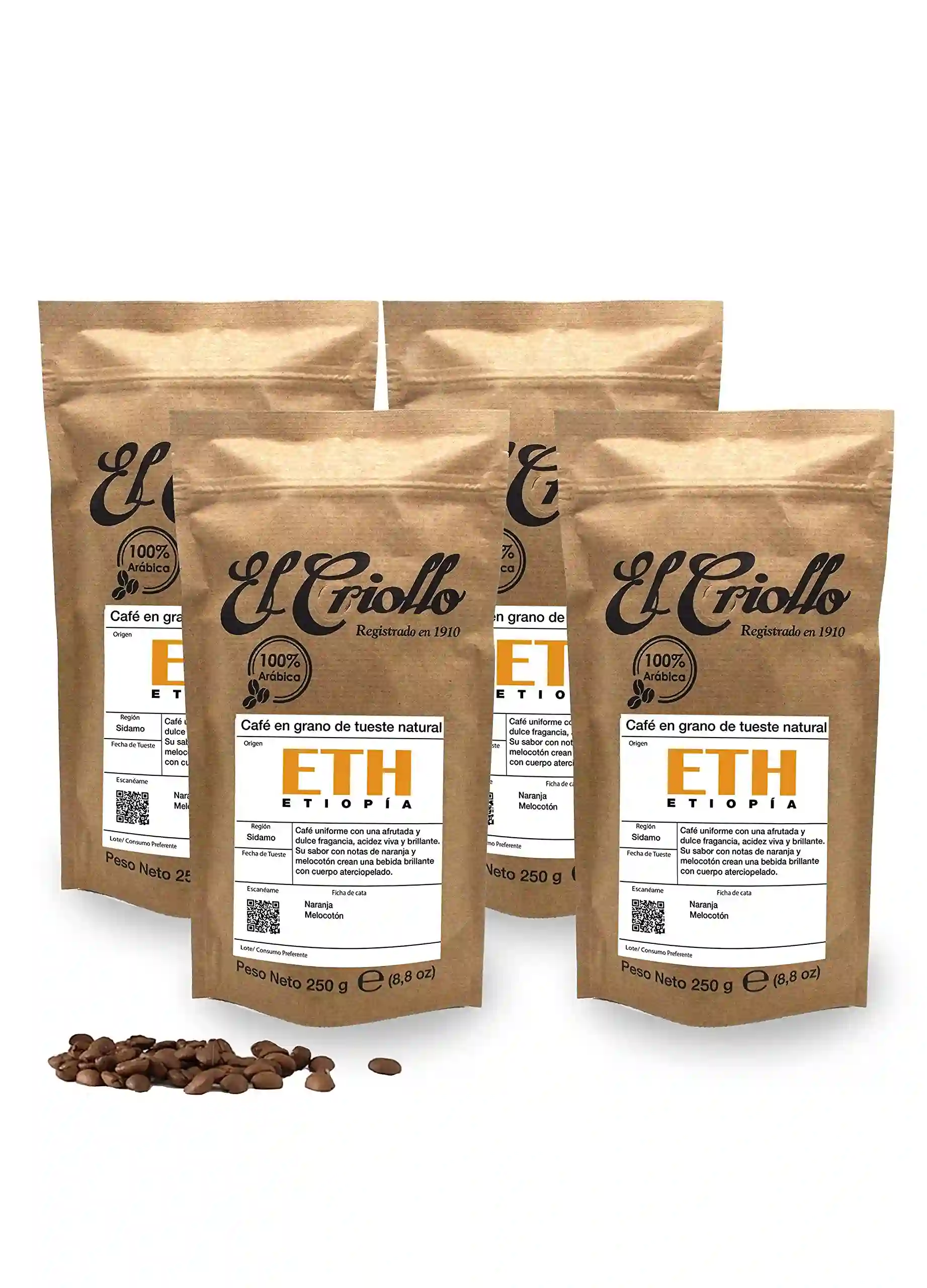 4x El Criollo Café de Etiopía en Grano - Paquete 250 gr.