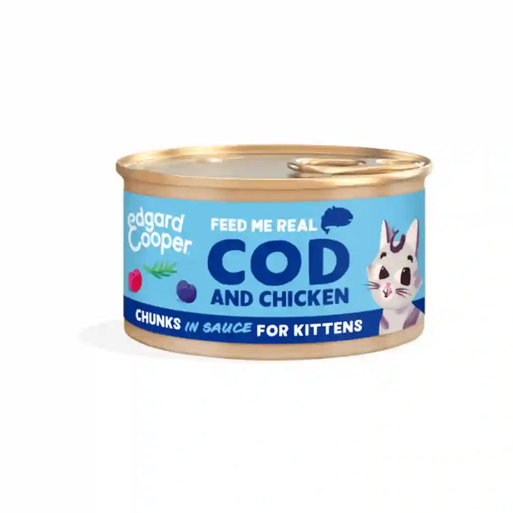 Edgard cooper lata bacalao y pollo (Trocitos en salsa) para gatitos 85g