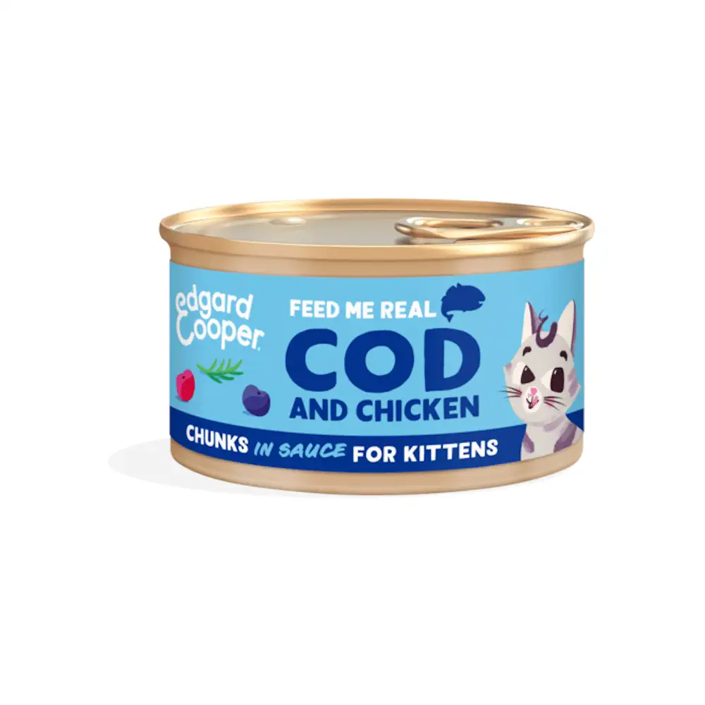 Edgard cooper lata bacalao y pollo (Trocitos en salsa) para gatitos 85g