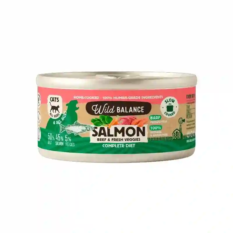 Balance salvaje Barf Cocinado Al Vapor Lata de Salmón y Ternera para Gatos 120G