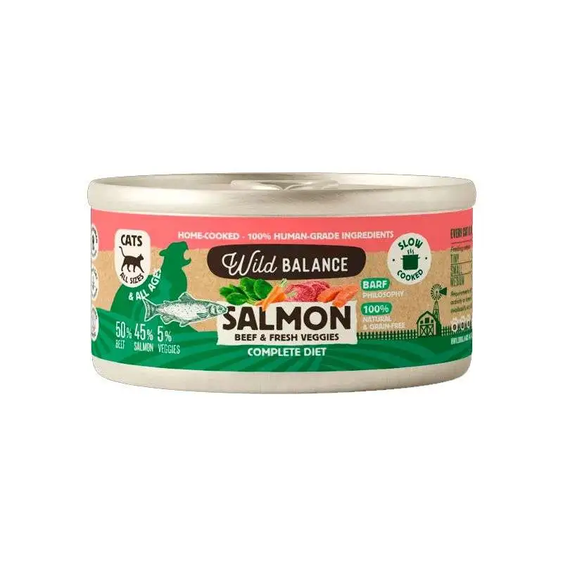 Balance salvaje Barf Cocinado Al Vapor Lata de Salmón y Ternera para Gatos 120G