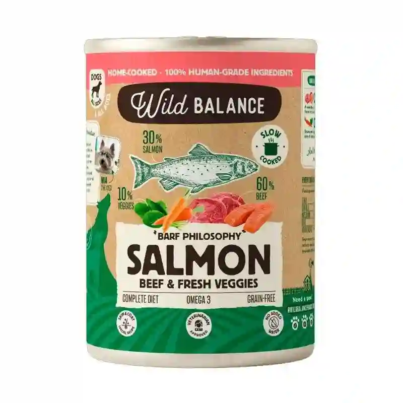 Wild Balance Barf Cocinado al Vapor Lata de Salmón y Ternera para Perros 400g