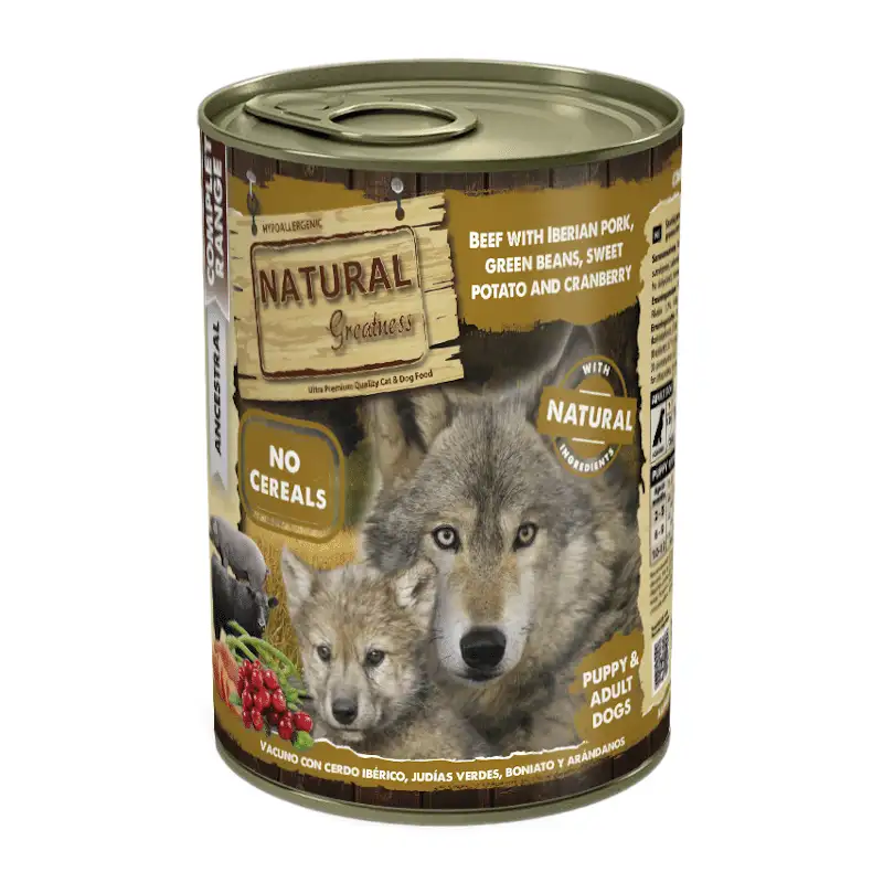 Grandeza natural lata vacuno con cerdo ibérico, Judías verdes, boniato y arándanos 400g