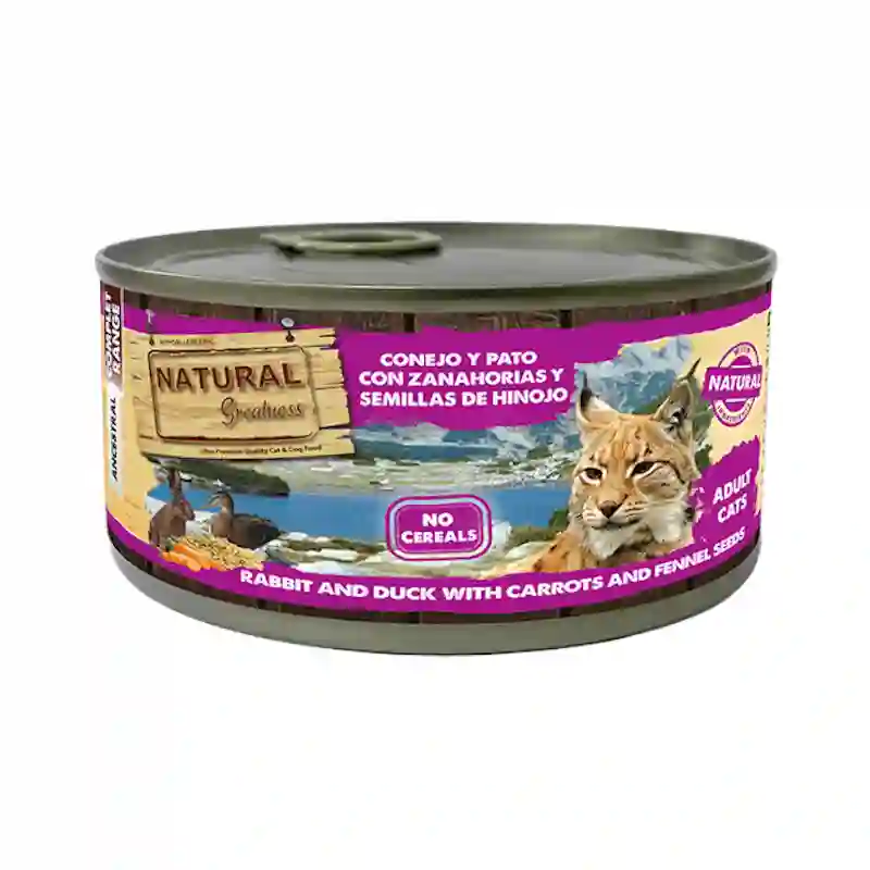 Grandeza natural gato lata de conejo y pato con zanahoria 185gr