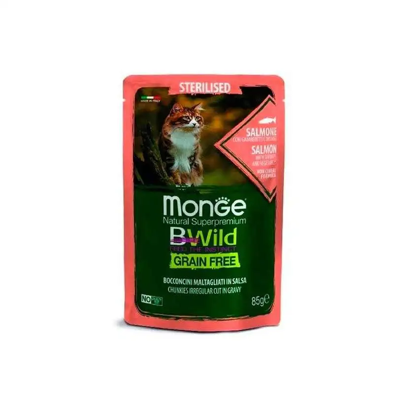 Monge BWild Sobre Gato Adulto Esterilizado de Salmón con Gambas y Vegetales 85g