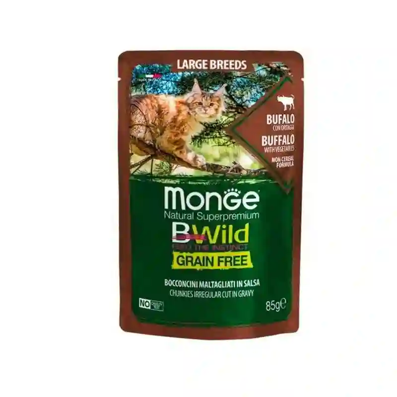 Monge BWild Sobre Gatito y Gato Adulto de Búfalo y vegetales 85g