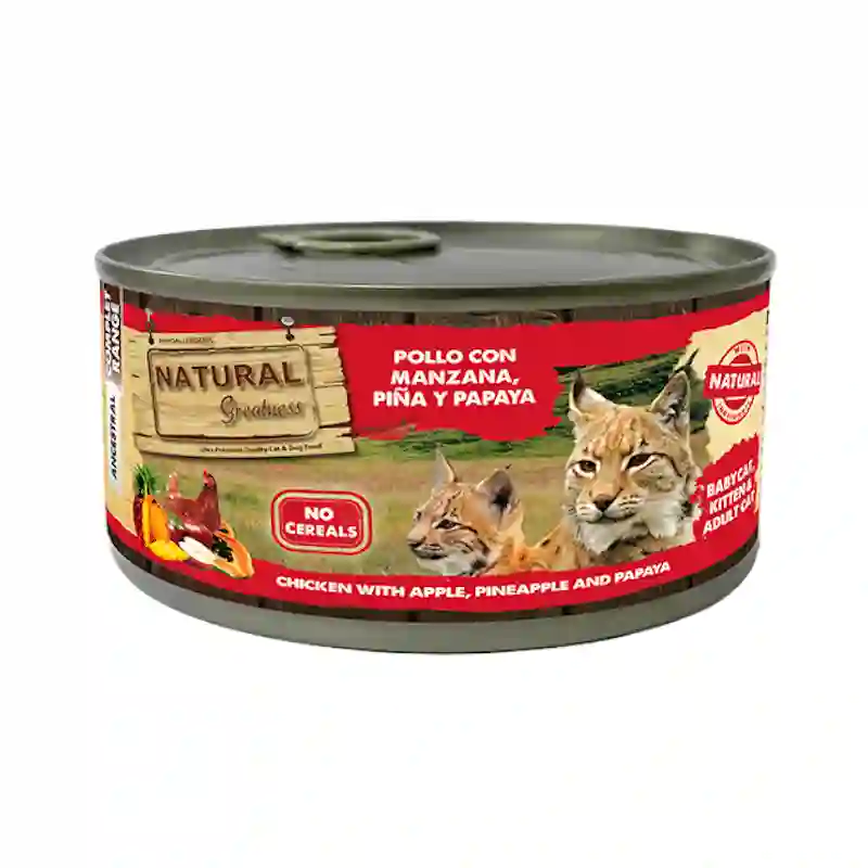 Grandeza natural gato lata de pollo con manzana, piña y papaya 185g