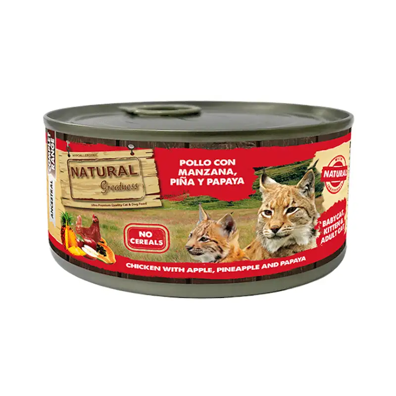 Grandeza natural gato lata de pollo con manzana, piña y papaya 185g
