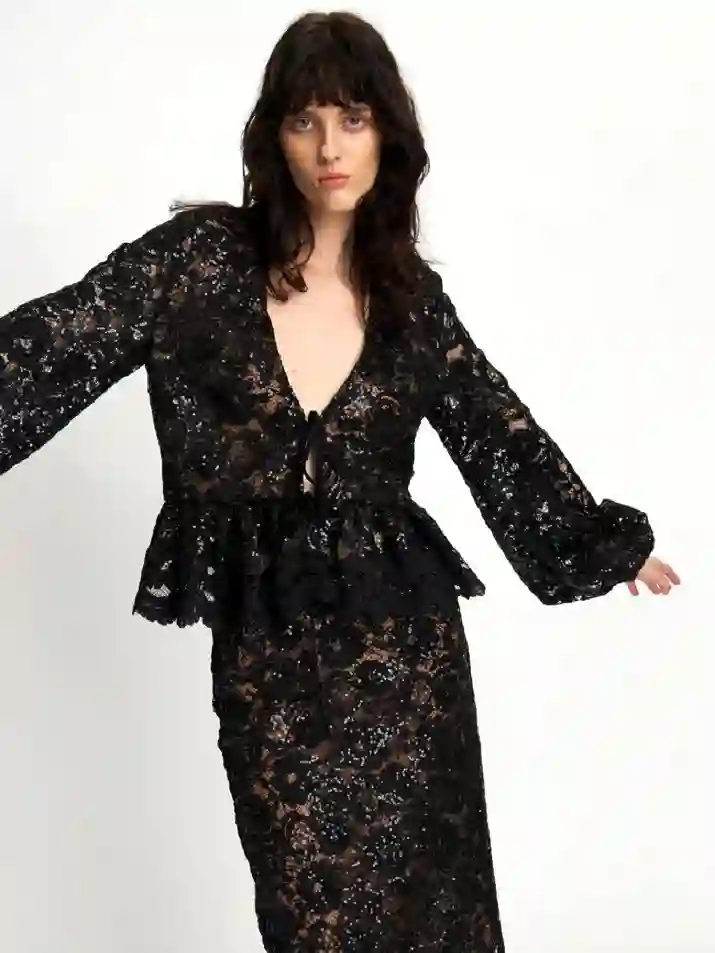 Falda lápiz de lápiz de lentejuelas de encaje negro de stella nova