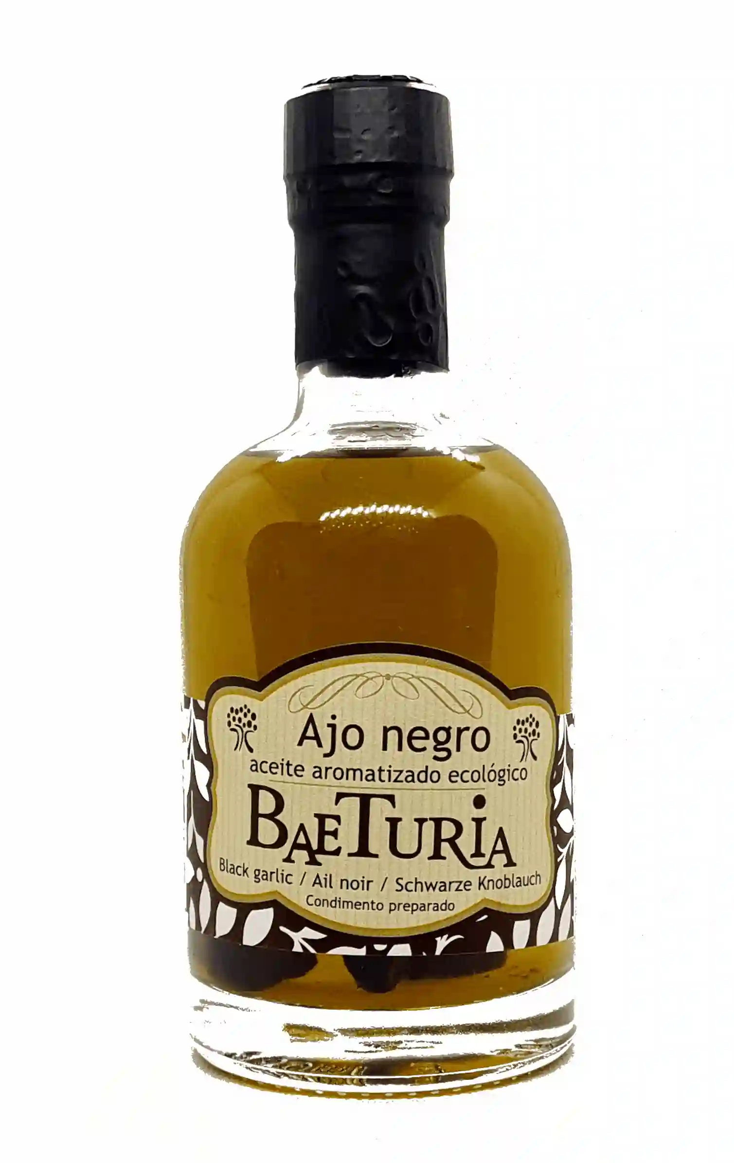 Baeturia Aceite Aromatizado Ajo Negro con Fecha Preferente de Consumo 12/25 - Botella de vidrio 250 ml.