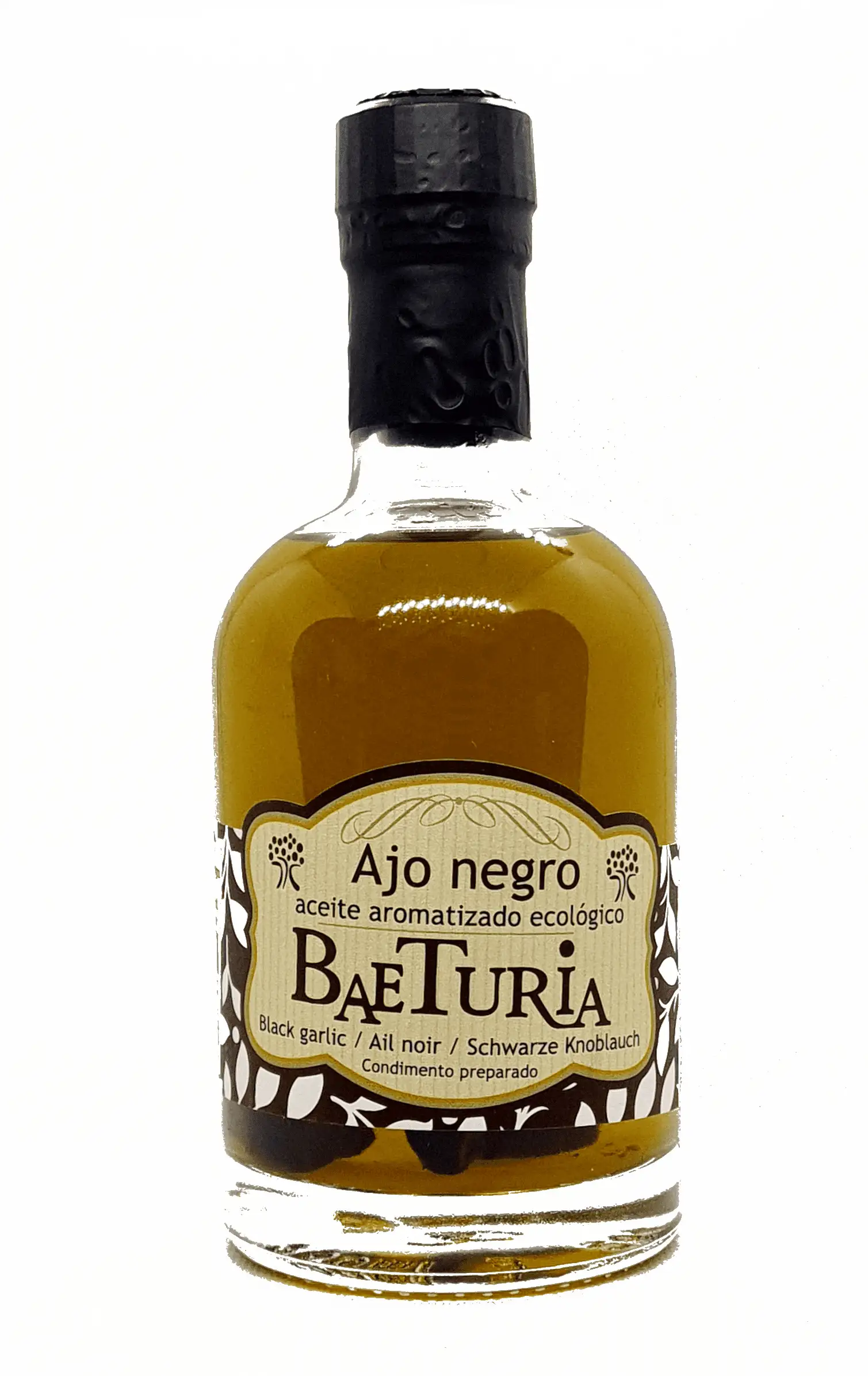 Baeturia Aceite Aromatizado Ajo Negro con Fecha Preferente de Consumo 12/25 - Botella de vidrio 250 ml.