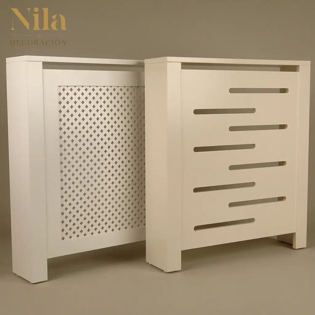 Cubreradiador de madera diseñado con celosía o a rayas horizontales.