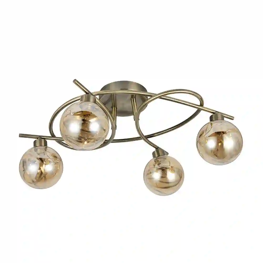 Lámpara de Techo Aplique de cuatro luces serie VARANASI, metal color CUERO y tulipas cristal ámbar y metal.