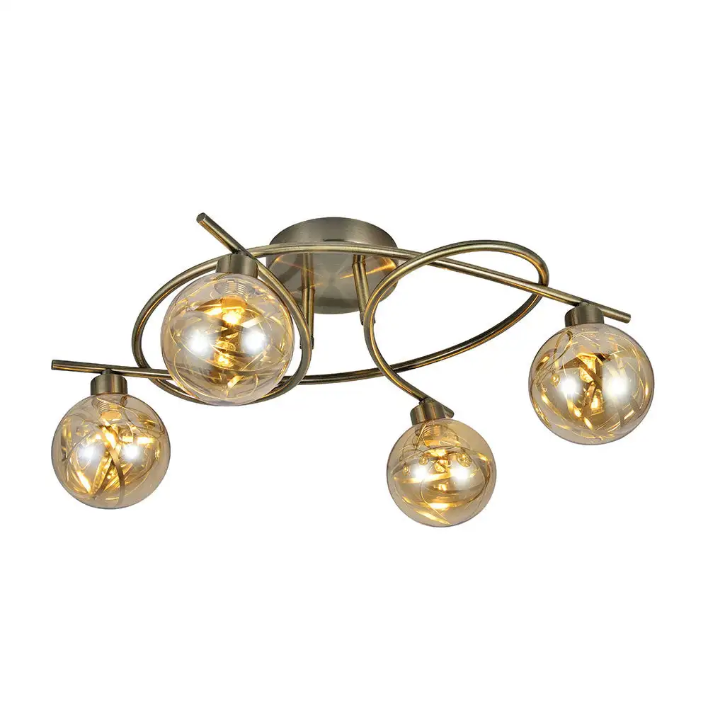 Lámpara de Techo Aplique de cuatro luces serie VARANASI, metal color CUERO y tulipas cristal ámbar y metal. - Imagen 2