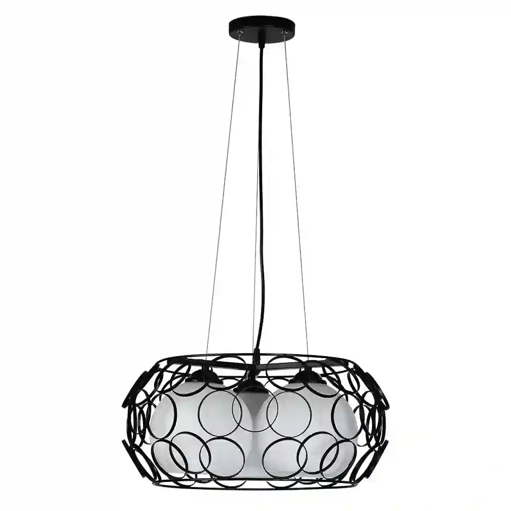 Lámpara de Techo Colgante Serie PEREGRINO color NEGRO de tres luces en metal y tulipas de cristal.