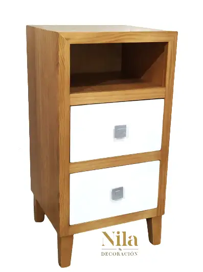Mesilla de noche de madera con un hueco y dos cajones 30x27x70