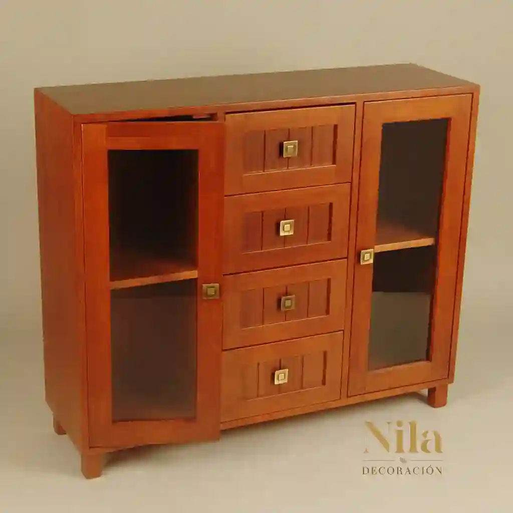 Mueble Auxiliar Aparador con cuatro cajones, dos puertas con cristal y baldas al centro.