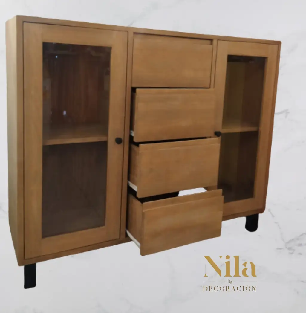Mueble Auxiliar Aparador con cuatro cajones, dos puertas con cristal y baldas al centro. - Imagen 2