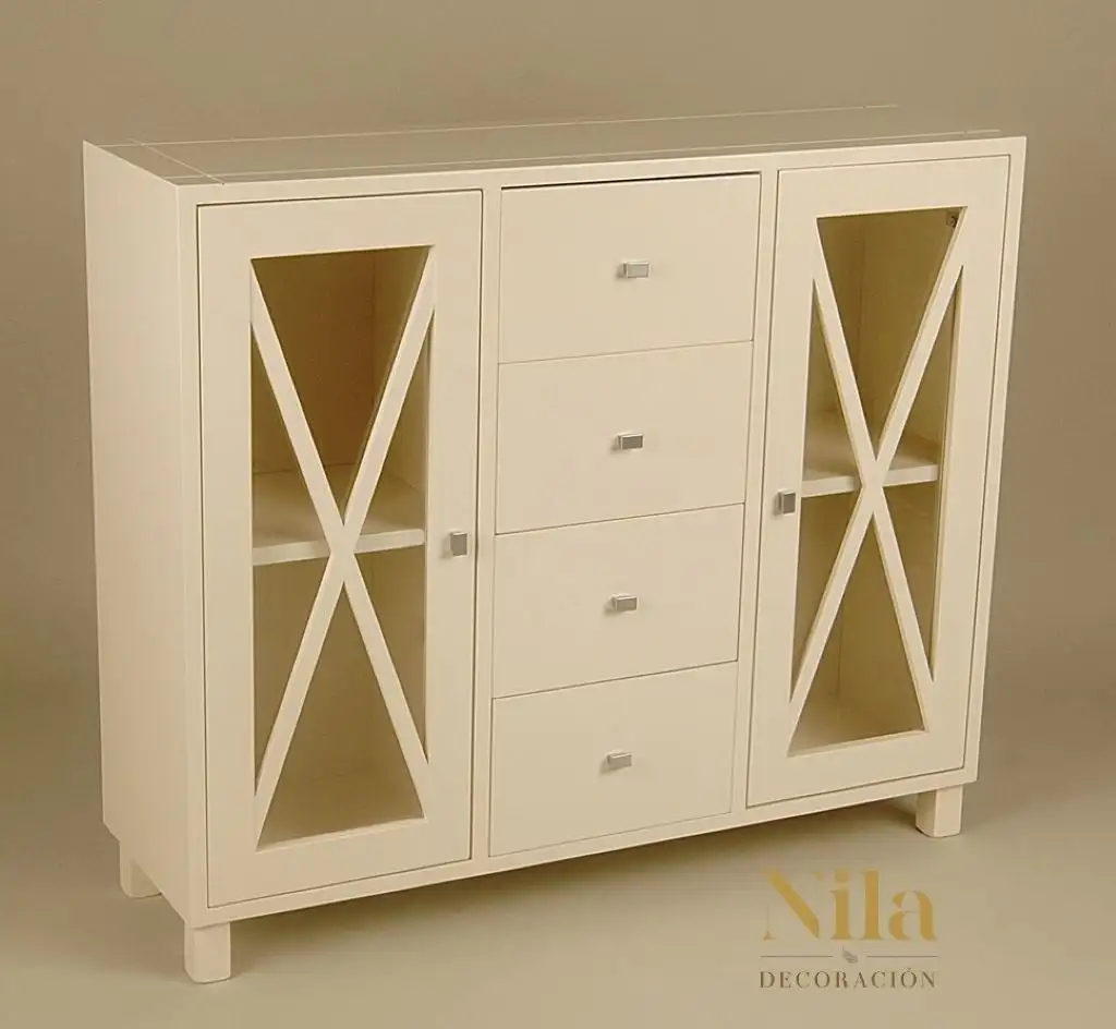 Mueble Auxiliar Aparador de madera con cuatro cajones, dos puertas con cristal y aspas. - Imagen 2