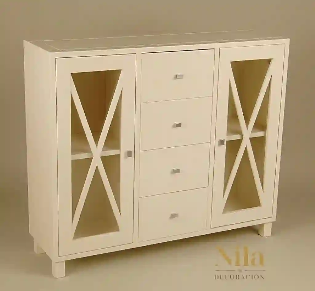 Mueble Auxiliar Aparador de madera con cuatro cajones, dos puertas con cristal y aspas. (Copia)