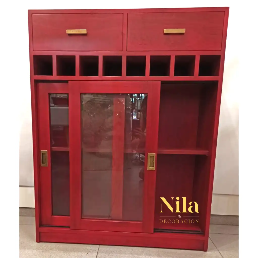 Mueble Auxiliar con 2 cajones superiores, Botellero y 2 puertas con cristal y balda interior