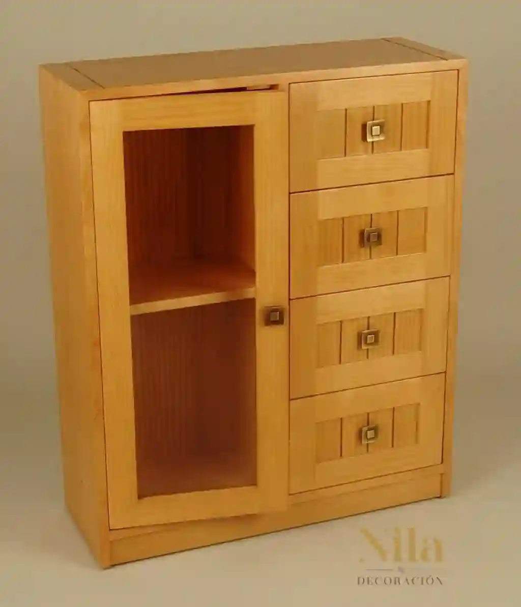 Mueble Recibidor con una puerta lateral con cristal y cuatro cajones a rayas con tirador.