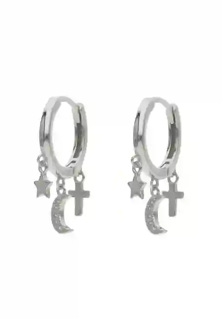 Plata Pendientes Aro Luna Estrella y Cruz