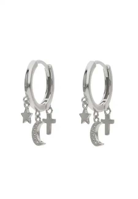 Plata Pendientes Aro Luna Estrella y Cruz