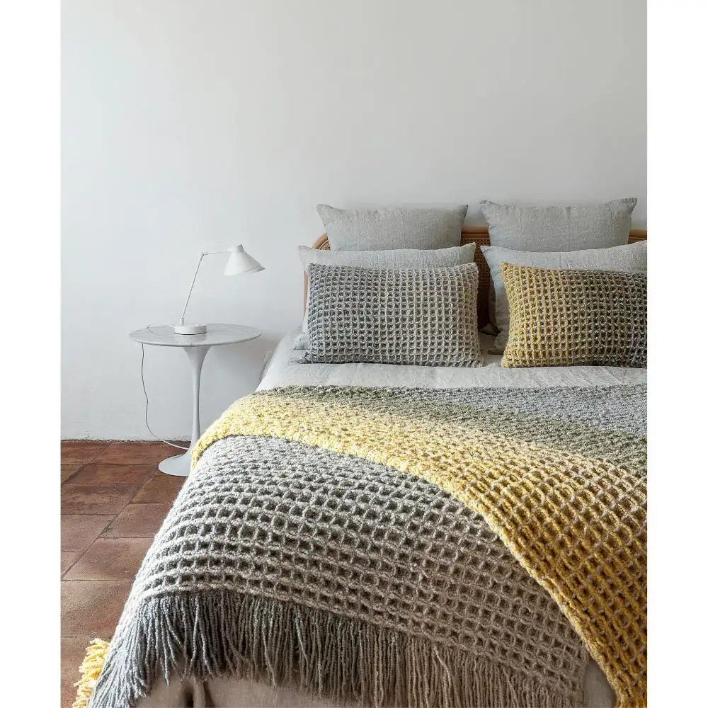 Mustard wool cushion with gofrado fabric - Image 2
