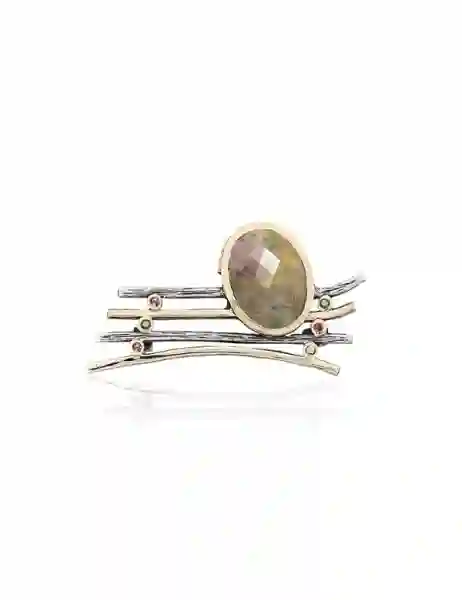 Broche en Plata y Oro Con Jaspe y Turmalinas