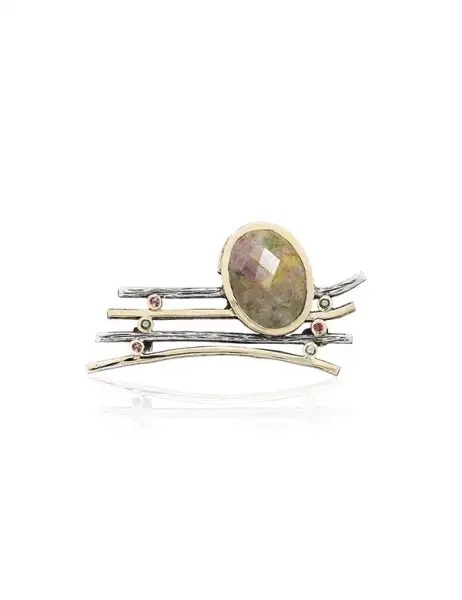 Broche en Plata y Oro Con Jaspe y Turmalinas