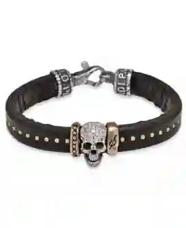 Pulsera Skull Plata Cuero Bronce y Cirtonitas Cab38d